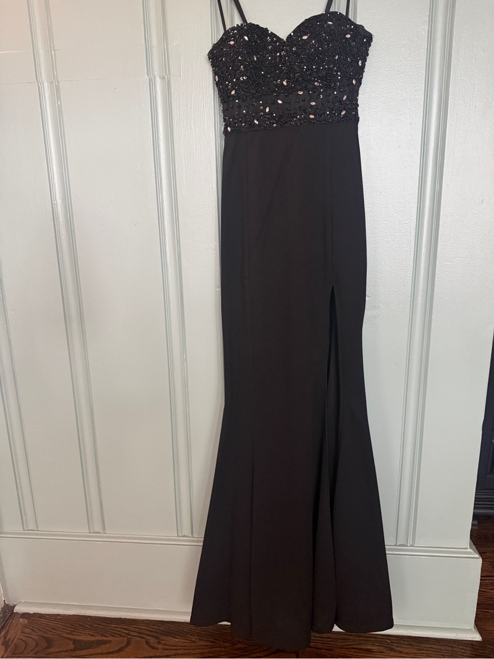 Lulu's Black Beaded Spaghetti-Strap Prom Gown